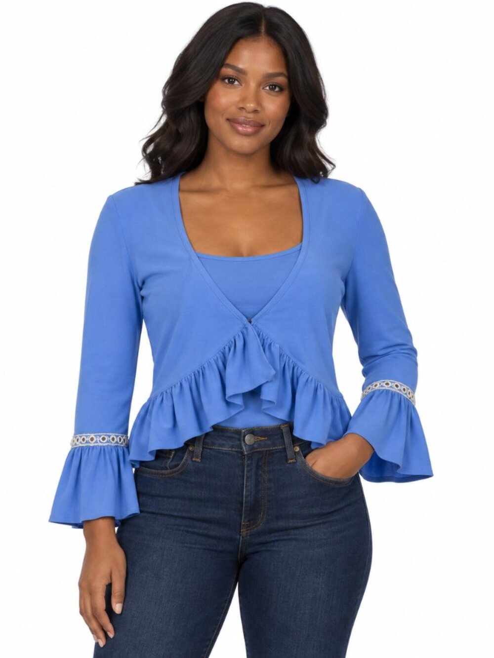 Joseph Ribkoff Women’s Blue Ruffle Bell-Sleeve Top Size 8